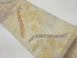 リサイクル　山並みに鶴・草花模様織出し袋帯